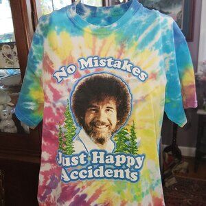 Bob Ross Tie Dye T-Shirt M “No Mistakes Just Happy Accidents” Rainbow